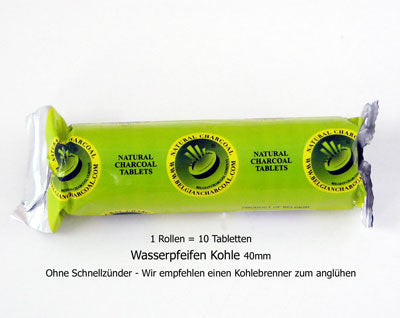 Shishakohle 10 Tabletten in 40mm - OHNE Schnellzünder, ohne Zünder.
 Muß mit Shishabrenner angezündet werden.