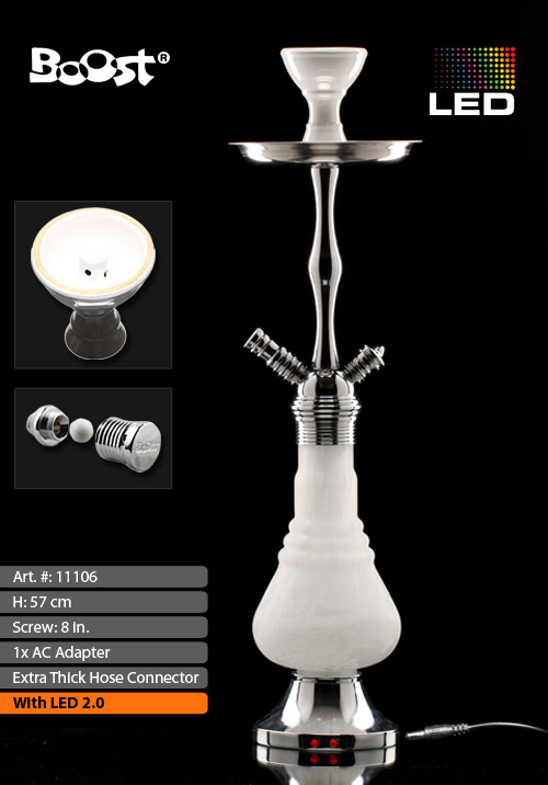 Boost Pro LED Shisha - White Dust 570- Höhe: ca 57 cm, bestellen sie eine Shisha in Premium Qualität. Die Boost Pro Shisha hat LED Beleuchtung und ein Gewinde am Shisha Glas. Neu im Shop zu bestellen.